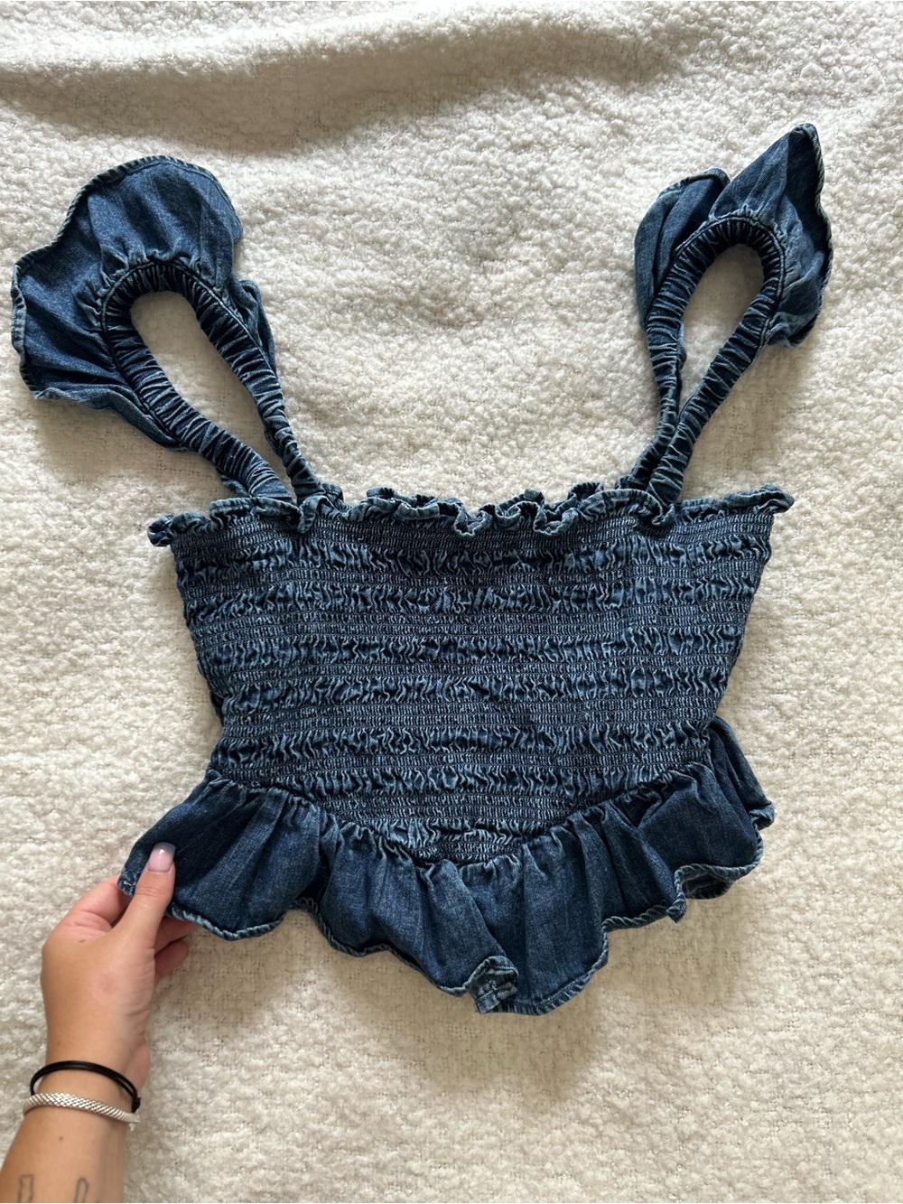 American Eagle Outfitters Dark Blue Smocked Denim Crop Top with Ruffle Straps